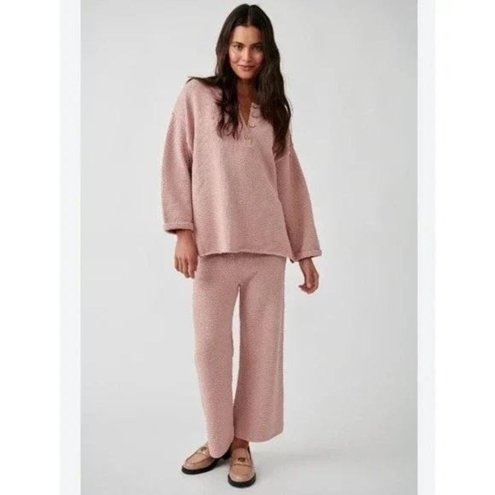 Free People Beach Haylee Knit Pants Rosie Pink 100% Cotton Wide Leg Medium